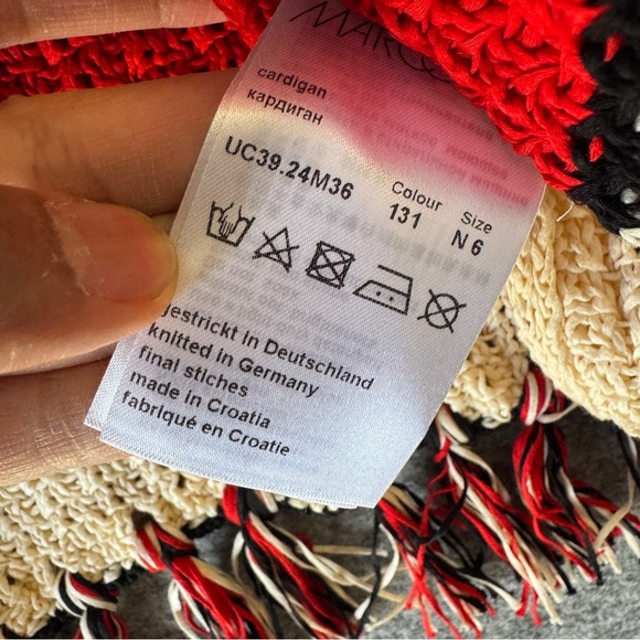 Marc Cain Red Striped Organic Cotton Cardigan Fringe Hem Knit Germany Size 6 - Picture 7 of 16